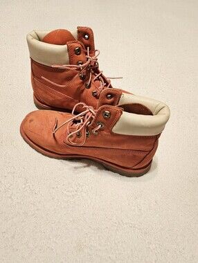 Timberland Premium 6-Inch Waterproof Boots Burnt Orange Red Cream Collar 6.5 Euc